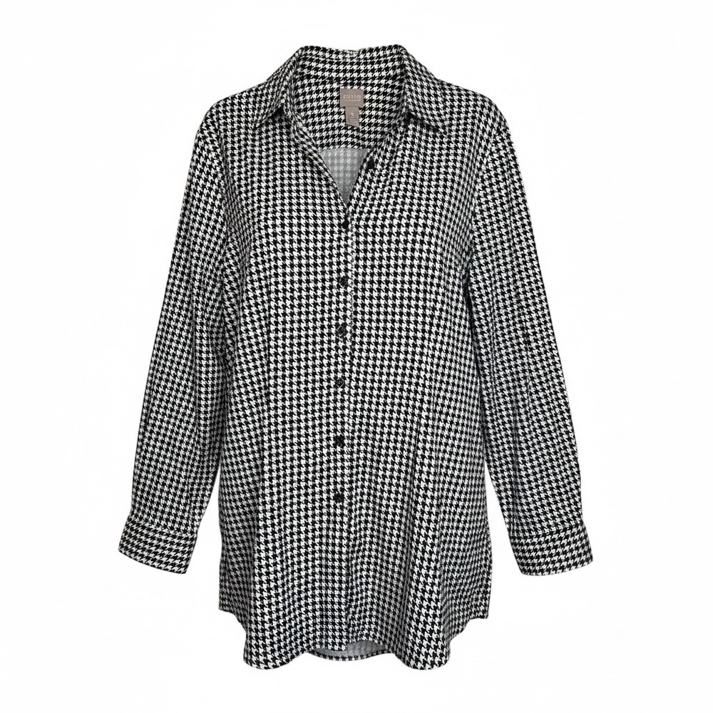 Chicos Houndstooth Button Down‎ Tunic Shirt Black White Cotton Stretch Size 3 XL